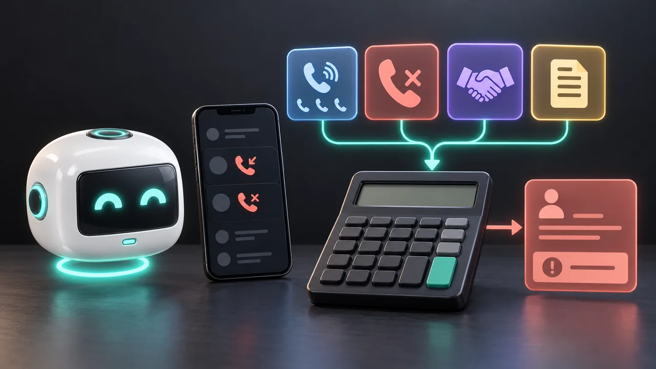 Illustration: the owner's call log and four inputs — calls, missed calls, jobs won and job value — feeding a calculator, with the result going to the owner.