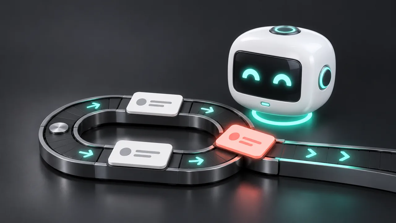 Illustration: the helper bot watches a looping track where a task circles back on itself.
