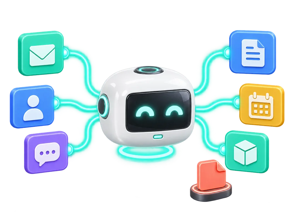 Illustration: the helper bot connected to six different services — email, leads, support, documents, calendar and inventory.