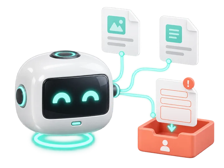 Illustration: when the helper bot is unsure, the item drops into a coral tray for a person.