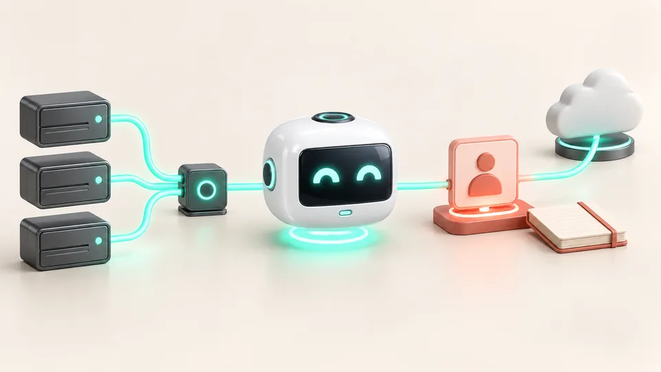 Illustration: your systems connect through one controlled checkpoint, with a person and a record at the end of the line.
