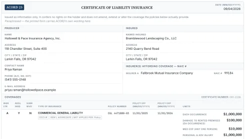 A filled ACORD 25 — named insured, insurer and coverage limits carried over from the policy on file.